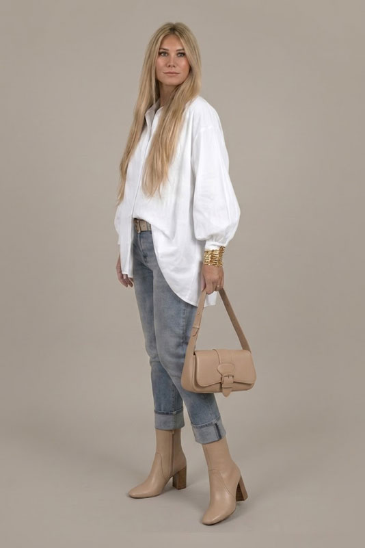 Dress ankle boots inside zip in tan beige leather with high block heels and round toe - Worn view
